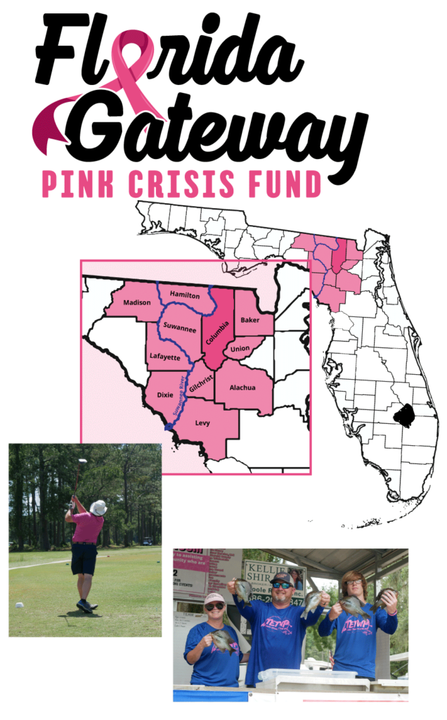 Image showing the logo and map and people working an event for Florida Gateway Pink Crisis Fund
